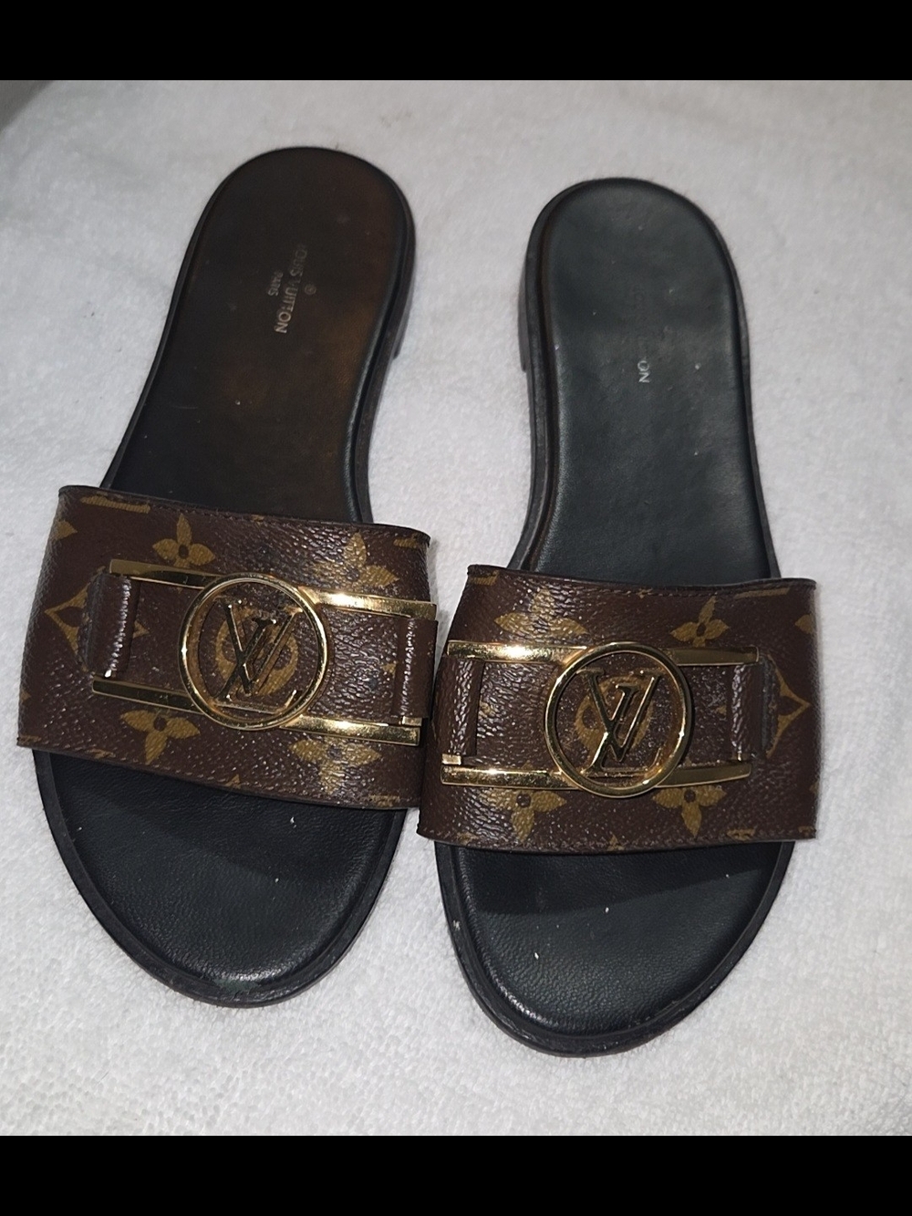 Louis Vuitton Monogram Slide Sandals in Brown with Gold Hardware